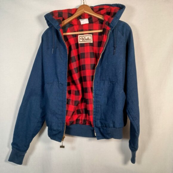 Vintage Walls Workwear Jacket S Blue Jean Denim Flannel Red Buffalo Plaid Lined - Picture 3 of 16